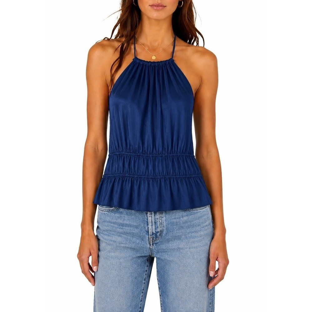 Lioness Legacy Halter Top Navy Blue Open Back Adjustable Straps Silky New